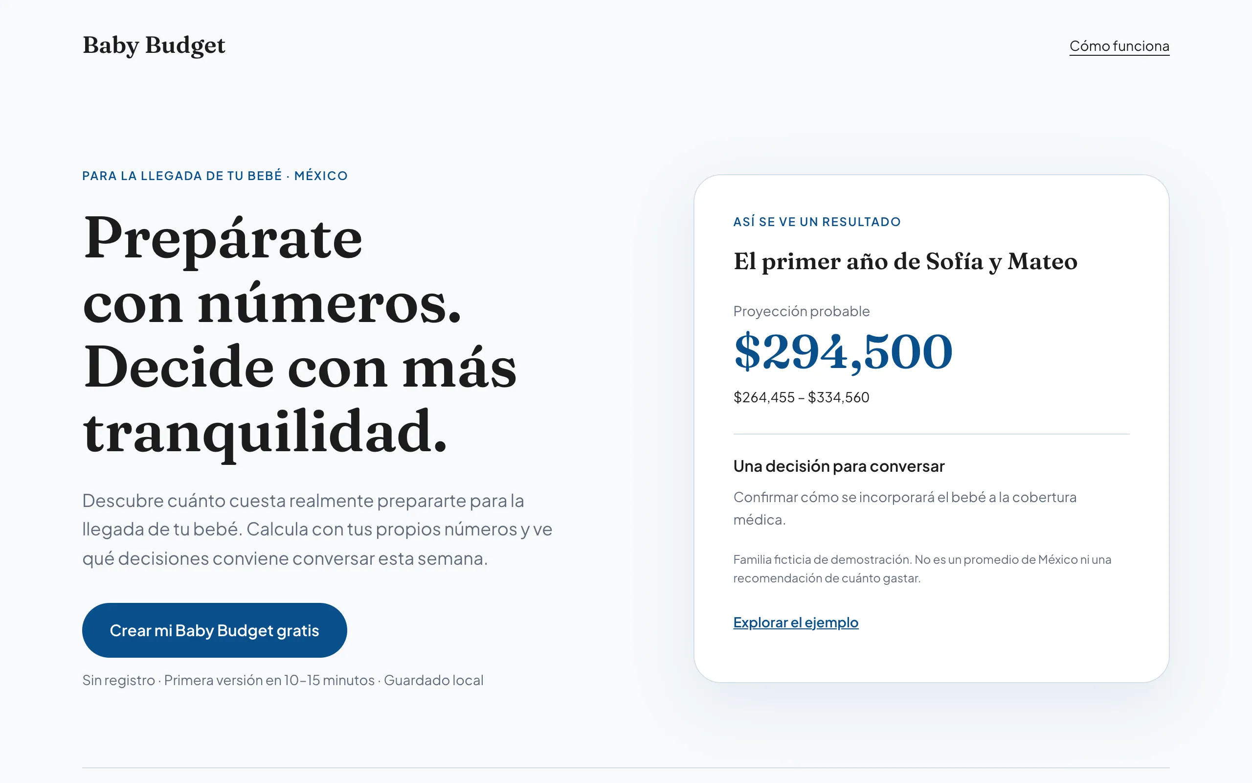 Pantalla de inicio de Baby Budget, la calculadora del primer año de un bebé.